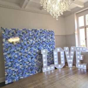 Blue and White Flower Wall with LOVE letters