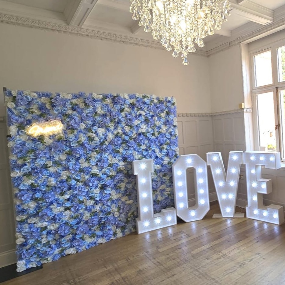 Blue and White Flower Wall with LOVE letters